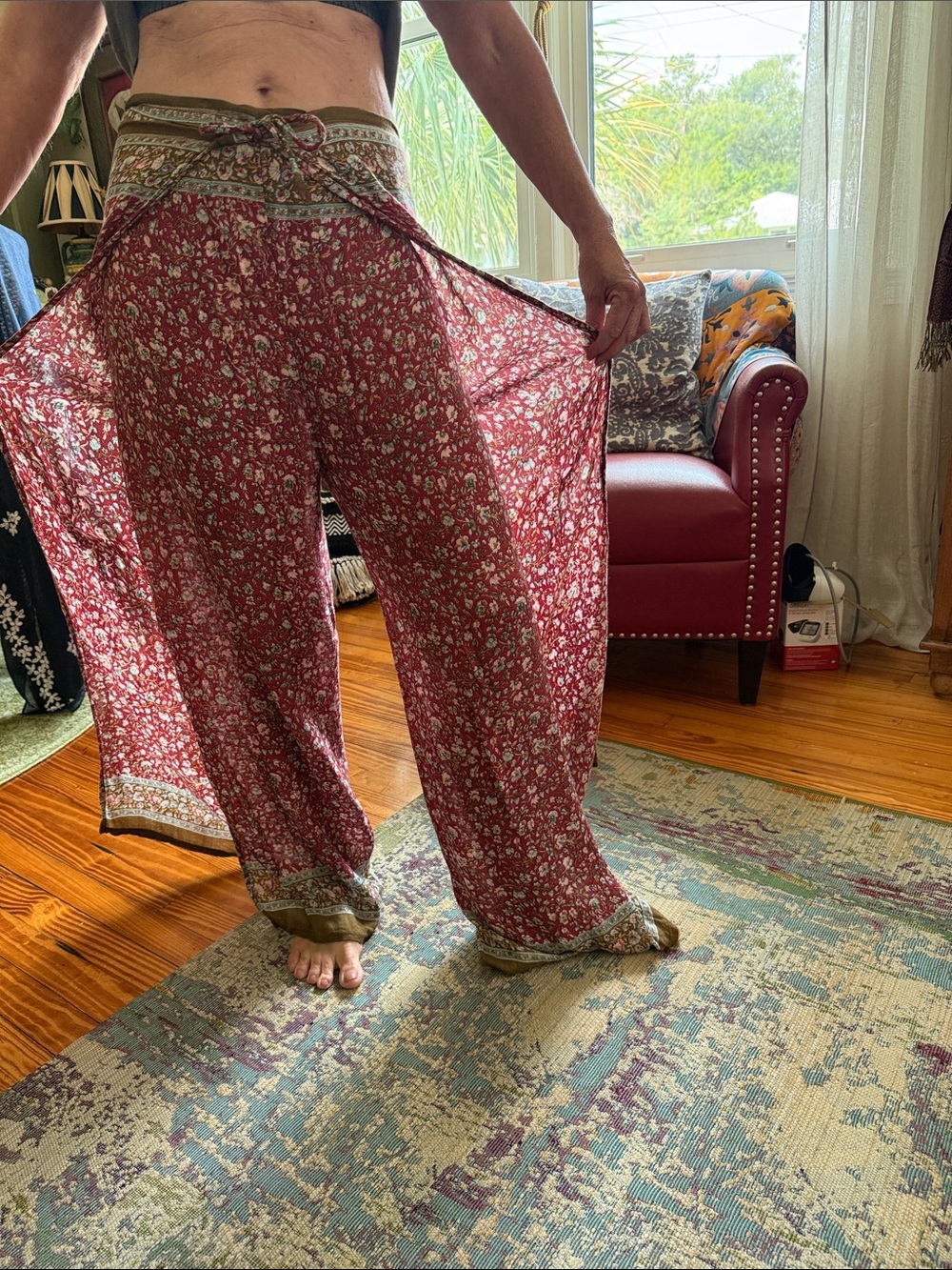 Boho Floral Wide-Leg Palazzo Pants - Red